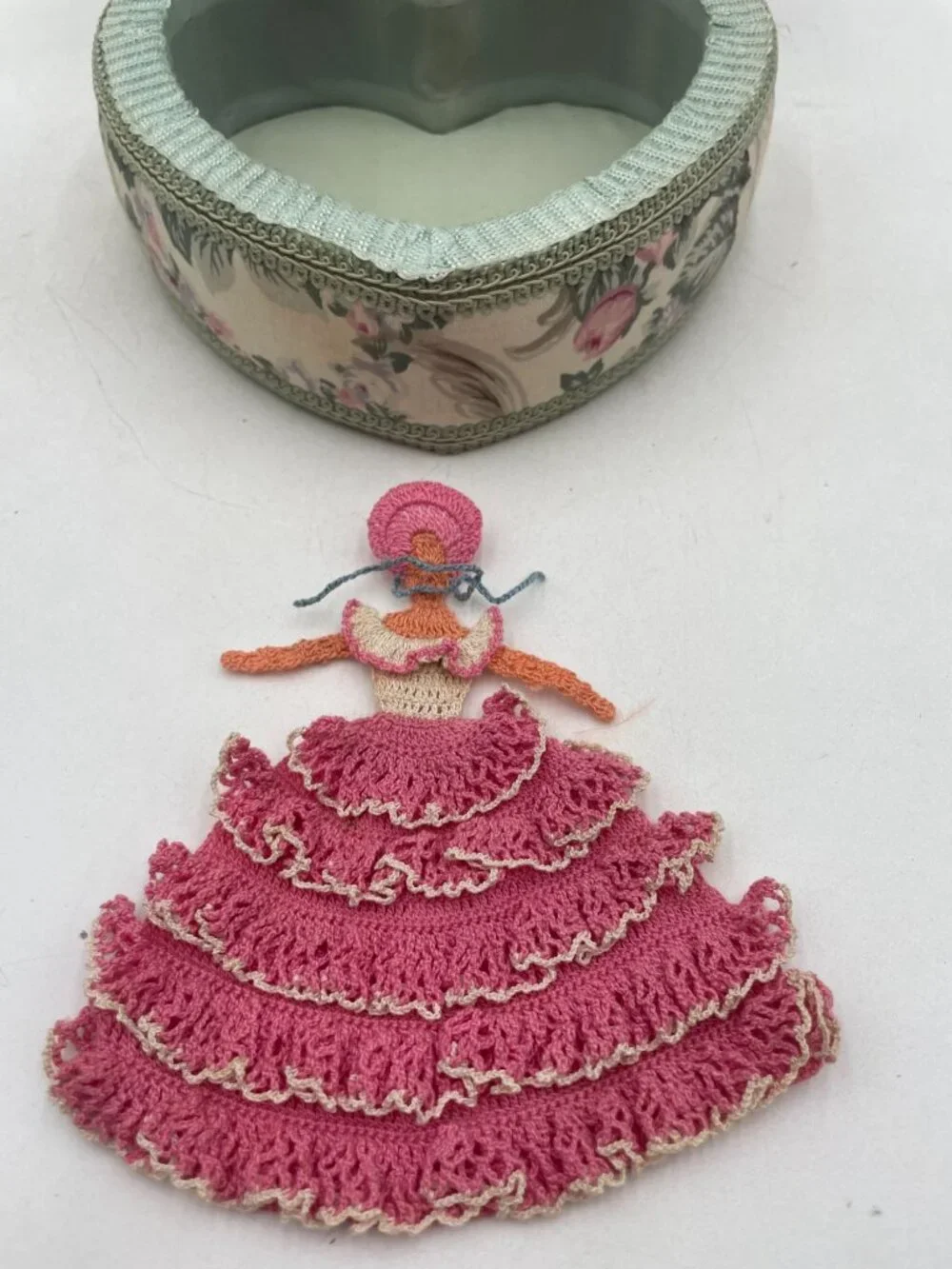 Heart-Shaped Floral Fabric Jewelry Box With Crocheted Lady Pink & Mint Green 7